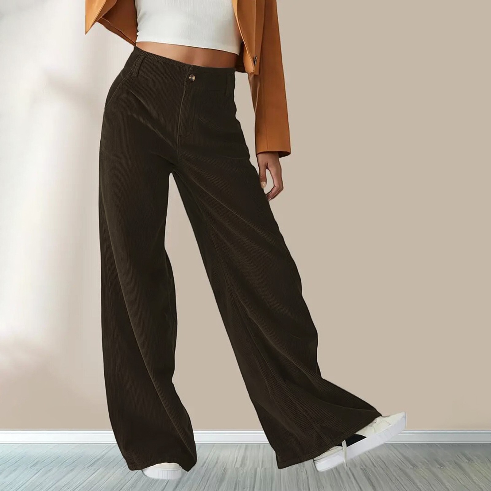 thumbnail image 3 of Pantalones anchos de pana vintage para mujer: cintura alta, parte trasera elástica, bolsillos laterales, corte recto para ropa informal, 3 of 6